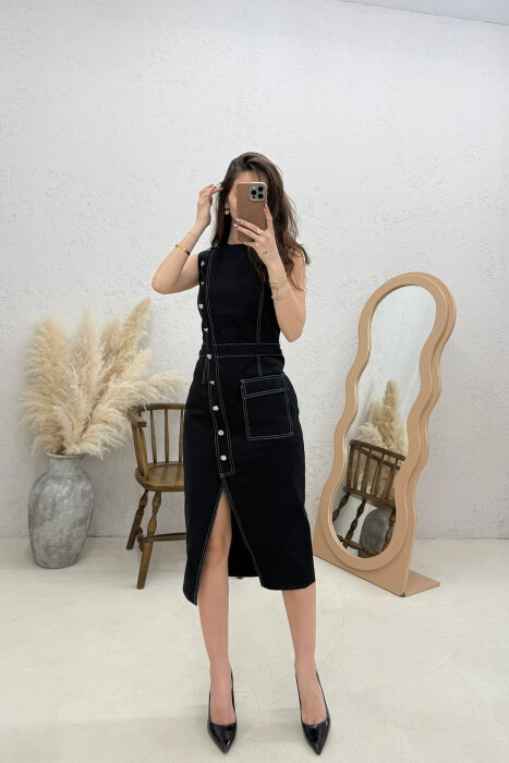 ONE COLOR SLEEVELESS DENIM WOMEN DRESS BLACK/ E ZEZE - 1