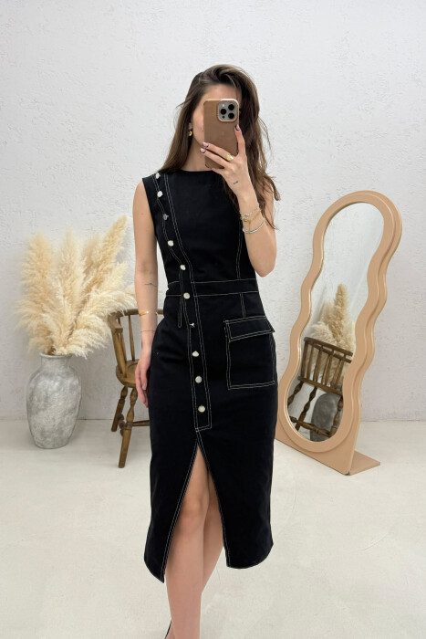 ONE COLOR SLEEVELESS DENIM WOMEN DRESS BLACK/ E ZEZE - 3