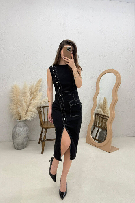 ONE COLOR SLEEVELESS DENIM WOMEN DRESS BLACK/ E ZEZE - 4
