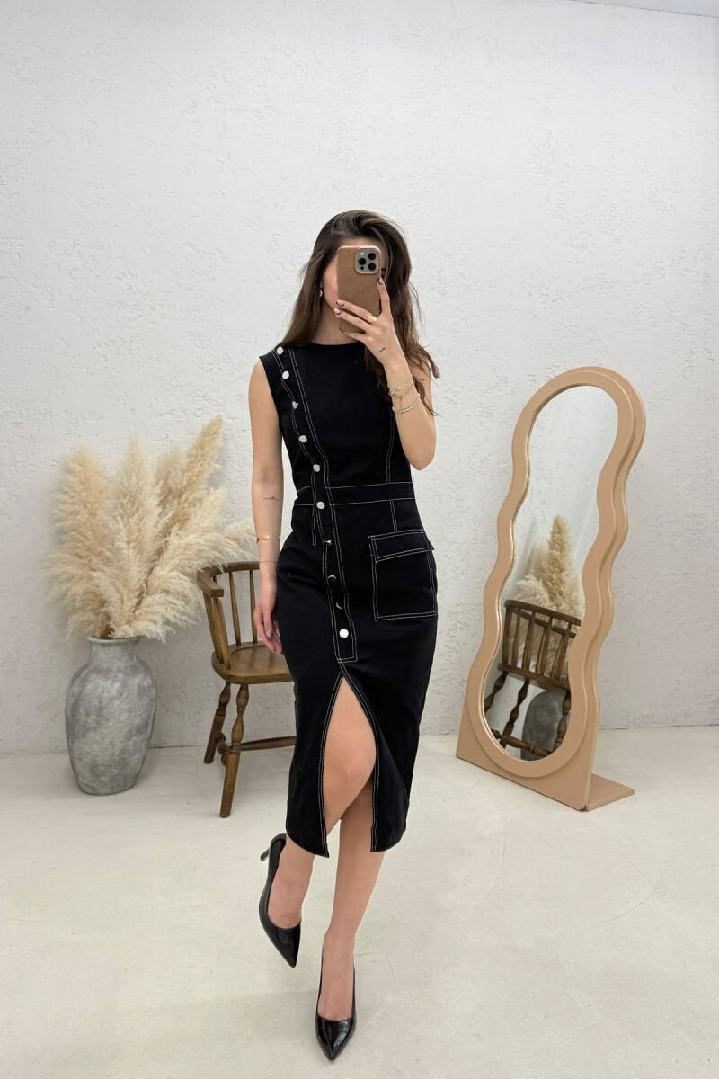 ONE COLOR SLEEVELESS DENIM WOMEN DRESS BLACK/ E ZEZE - 4