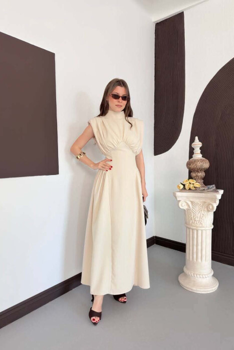 ONE COLOR SLEEVELESS WOMAN DRESS BEIGE/BEZHE - KLAUDIO FASHION