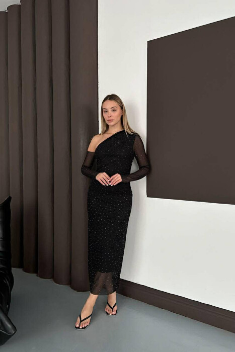 ONE COLOR STONE DETAILS ONE SHOULDER OFF WOMAN DRESS BLACK/ E ZEZE - 1