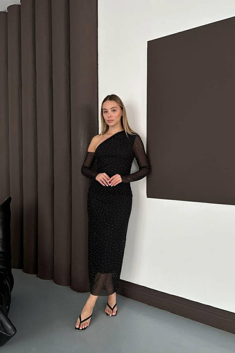 ONE COLOR STONE DETAILS ONE SHOULDER OFF WOMAN DRESS BLACK/ E ZEZE - 1