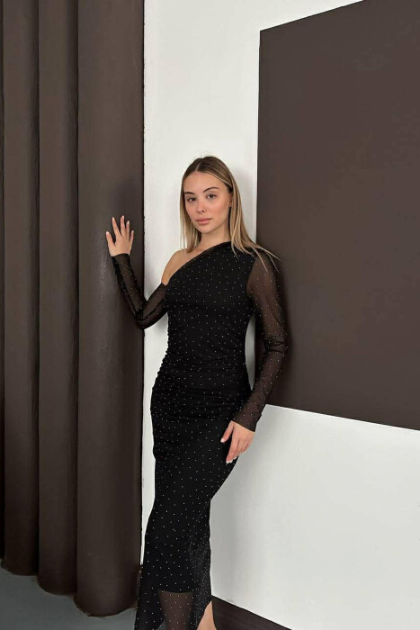 ONE COLOR STONE DETAILS ONE SHOULDER OFF WOMAN DRESS BLACK/ E ZEZE - 3