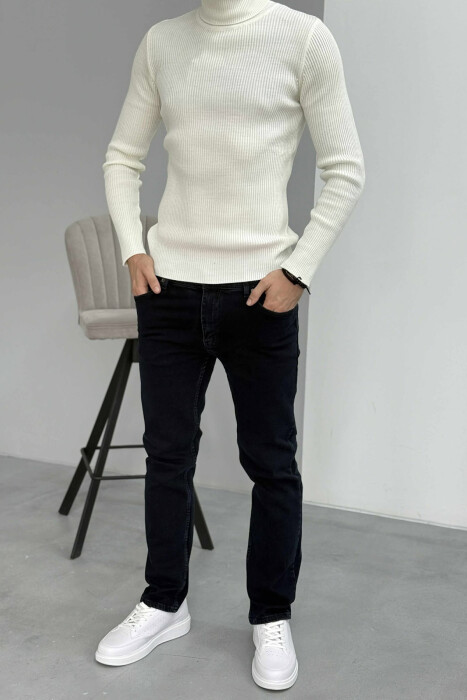 ONE COLOR STRETCHY MEN JEANS DARK BLUE/BEE - 1