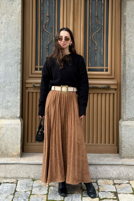 ONE COLOR SUEDE BELT DETAIL WOMEN SKIRT BROWN/KAFE - KLAUDIO FASHION