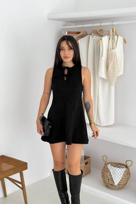 ONE COLOR SUEDE SHORT SLEEVELESS WOMEN DRESS BLACK/ E ZEZE 