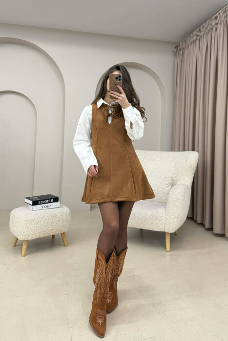 ONE COLOR SUEDE SHORT SLEEVELESS WOMEN DRESS BROWN/KAFE - 2