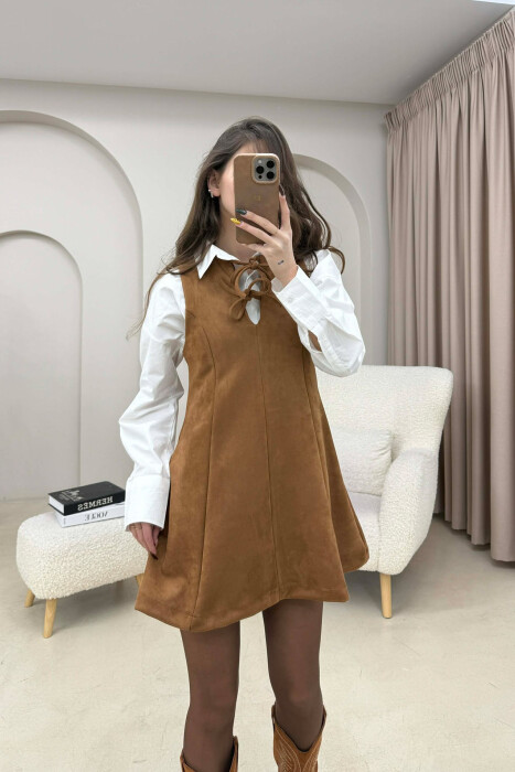 ONE COLOR SUEDE SHORT SLEEVELESS WOMEN DRESS BROWN/KAFE - 5