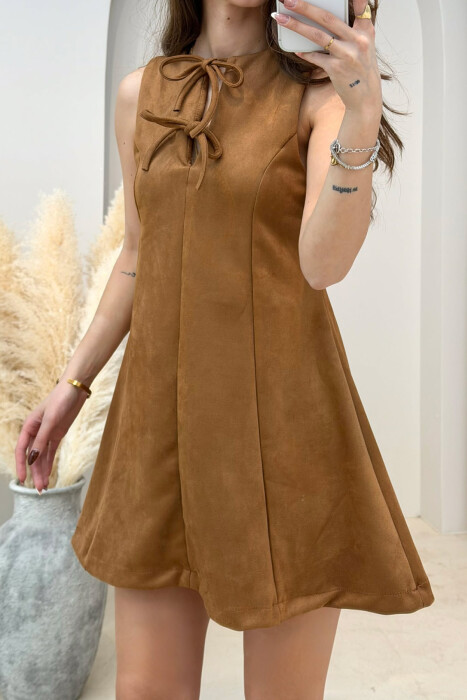 ONE COLOR SUEDE SHORT SLEEVELESS WOMEN DRESS BROWN/KAFE - 4