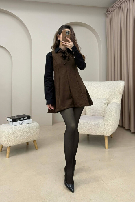 ONE COLOR SUEDE SHORT SLEEVELESS WOMEN DRESS DARK BROWN/KAE 