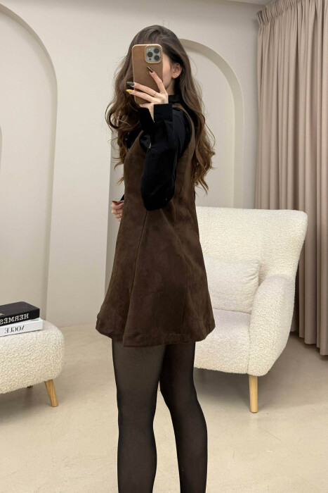 ONE COLOR SUEDE SHORT SLEEVELESS WOMEN DRESS DARK BROWN/KAE - 2