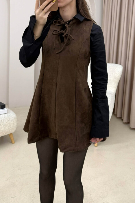 ONE COLOR SUEDE SHORT SLEEVELESS WOMEN DRESS DARK BROWN/KAE - 4