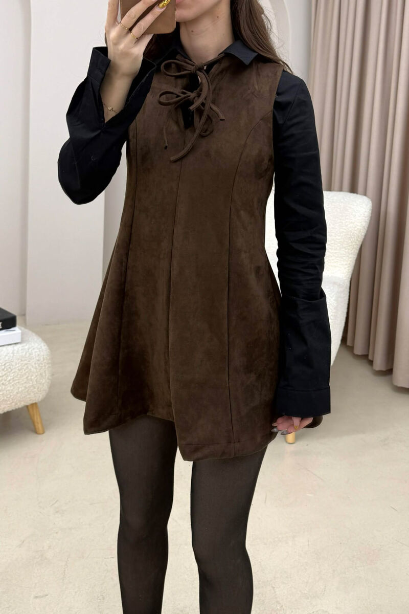 ONE COLOR SUEDE SHORT SLEEVELESS WOMEN DRESS DARK BROWN/KAE - 4