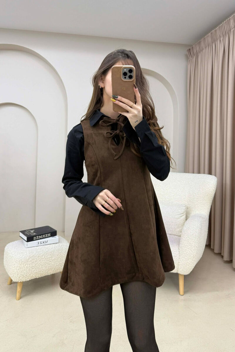 ONE COLOR SUEDE SHORT SLEEVELESS WOMEN DRESS DARK BROWN/KAE - 5
