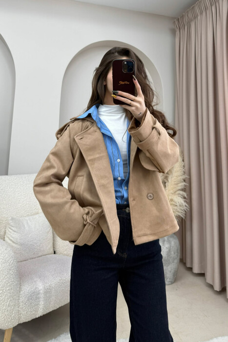 ONE COLOR SUEDE SIMPLE WOMEN JACKET BEIGE/BEZHE - 7