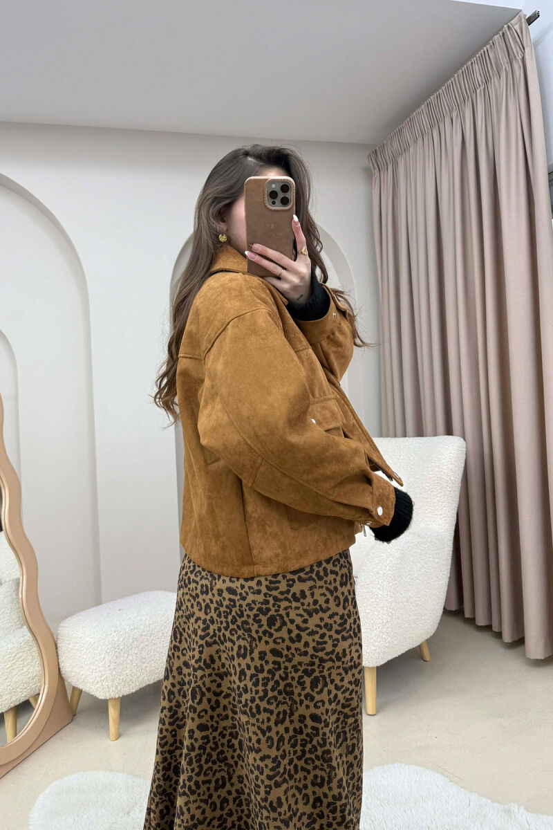 ONE COLOR SUEDE SIMPLE WOMEN JACKET BROWN/KAFE - 3