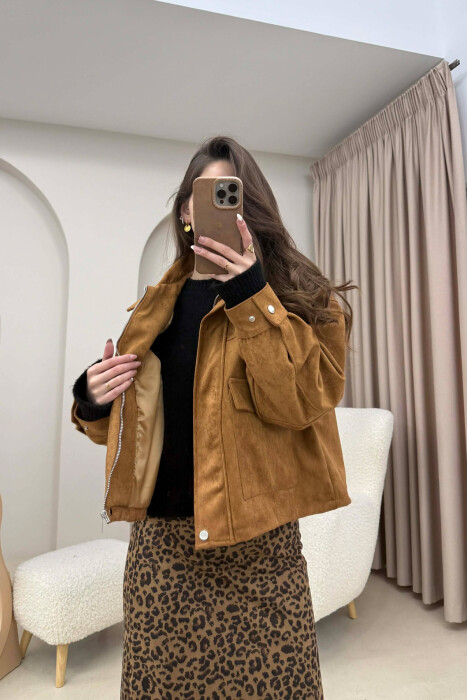 ONE COLOR SUEDE SIMPLE WOMEN JACKET BROWN/KAFE - 4