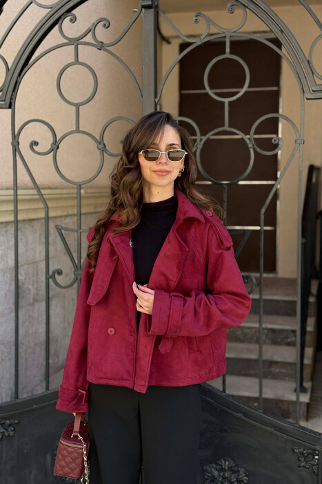 ONE COLOR SUEDE SIMPLE WOMEN JACKET BURGUNDY/VISHNJE - KLAUDIO FASHION