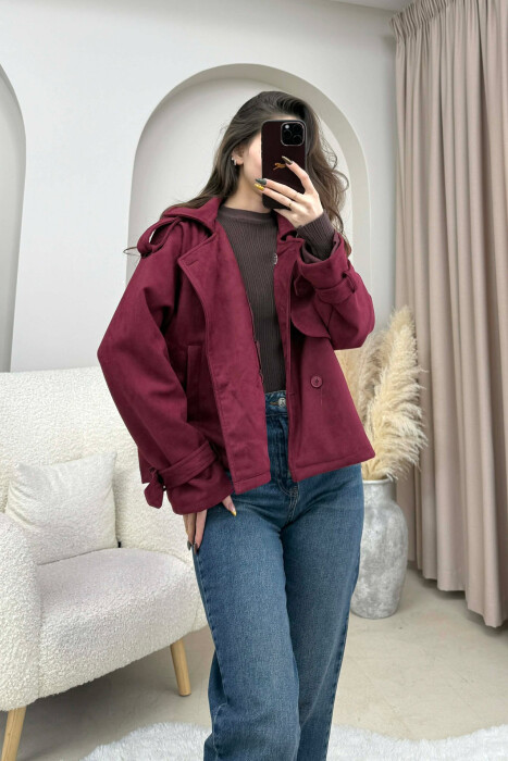 ONE COLOR SUEDE SIMPLE WOMEN JACKET BURGUNDY/VISHNJE - 6