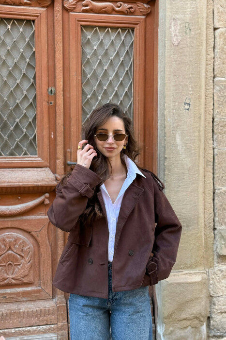 ONE COLOR SUEDE SIMPLE WOMEN JACKET DARK BROWN/KAE - 2