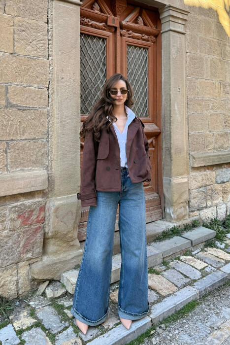 ONE COLOR SUEDE SIMPLE WOMEN JACKET DARK BROWN/KAE - 3