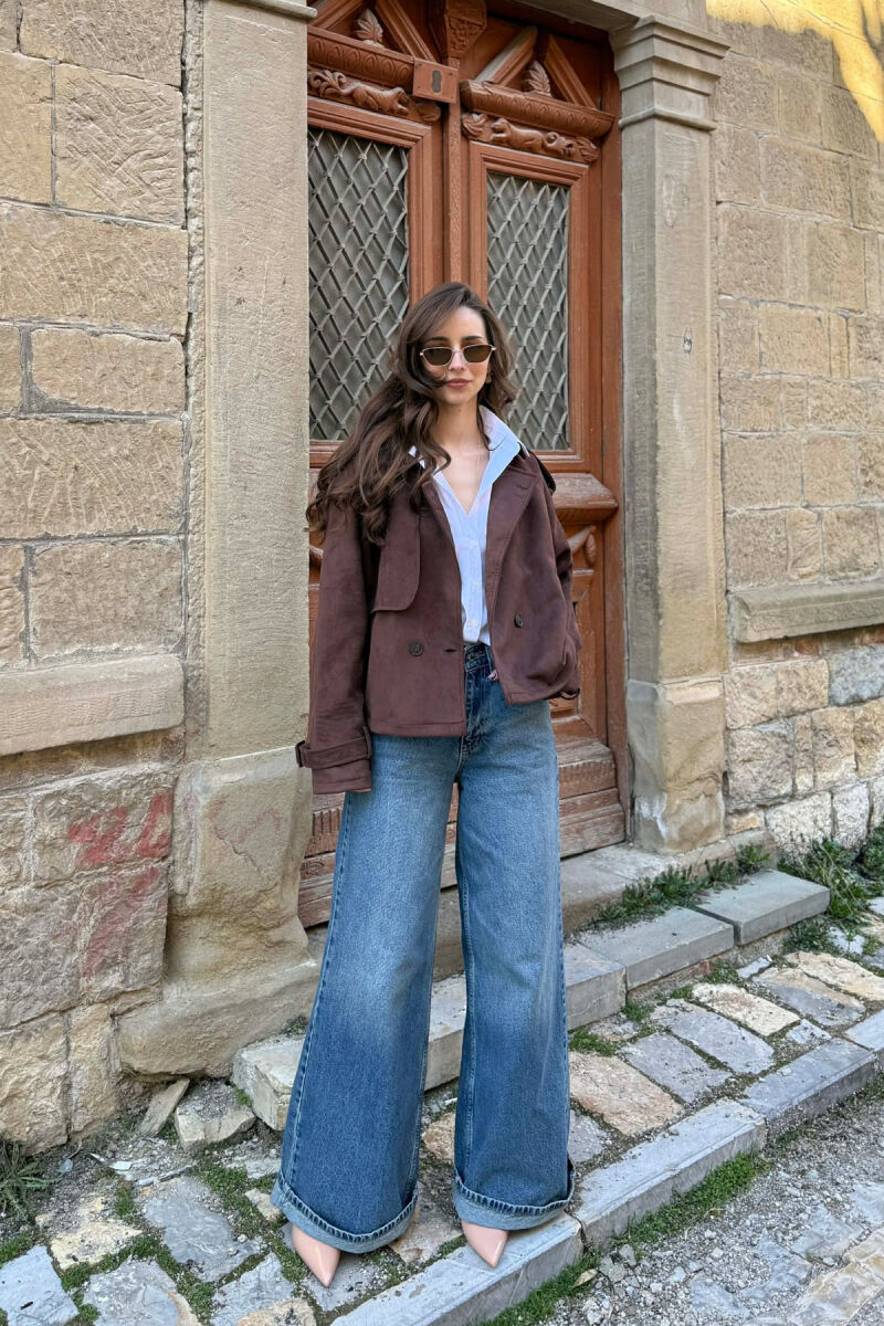 ONE COLOR SUEDE SIMPLE WOMEN JACKET DARK BROWN/KAE - 3