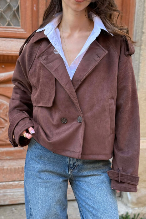 ONE COLOR SUEDE SIMPLE WOMEN JACKET DARK BROWN/KAE - 4