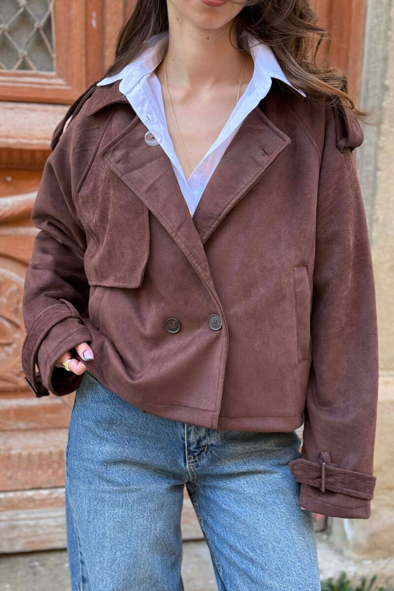 ONE COLOR SUEDE SIMPLE WOMEN JACKET DARK BROWN/KAE - 4