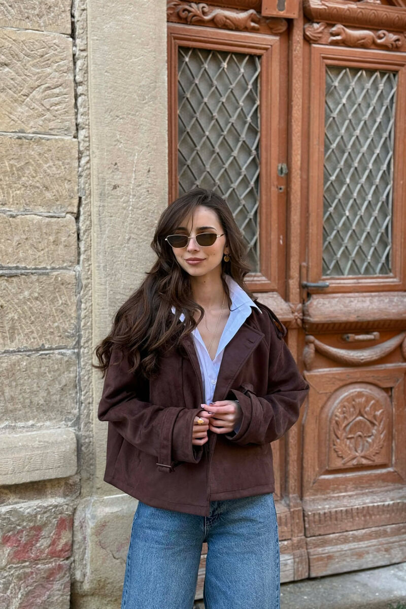 ONE COLOR SUEDE SIMPLE WOMEN JACKET DARK BROWN/KAE - 1