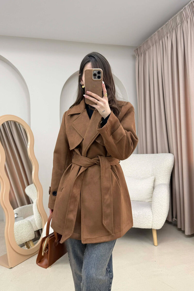 ONE COLOR SUEDE WOMAN TRENCH COAT DARK BROWN/KAE - 2