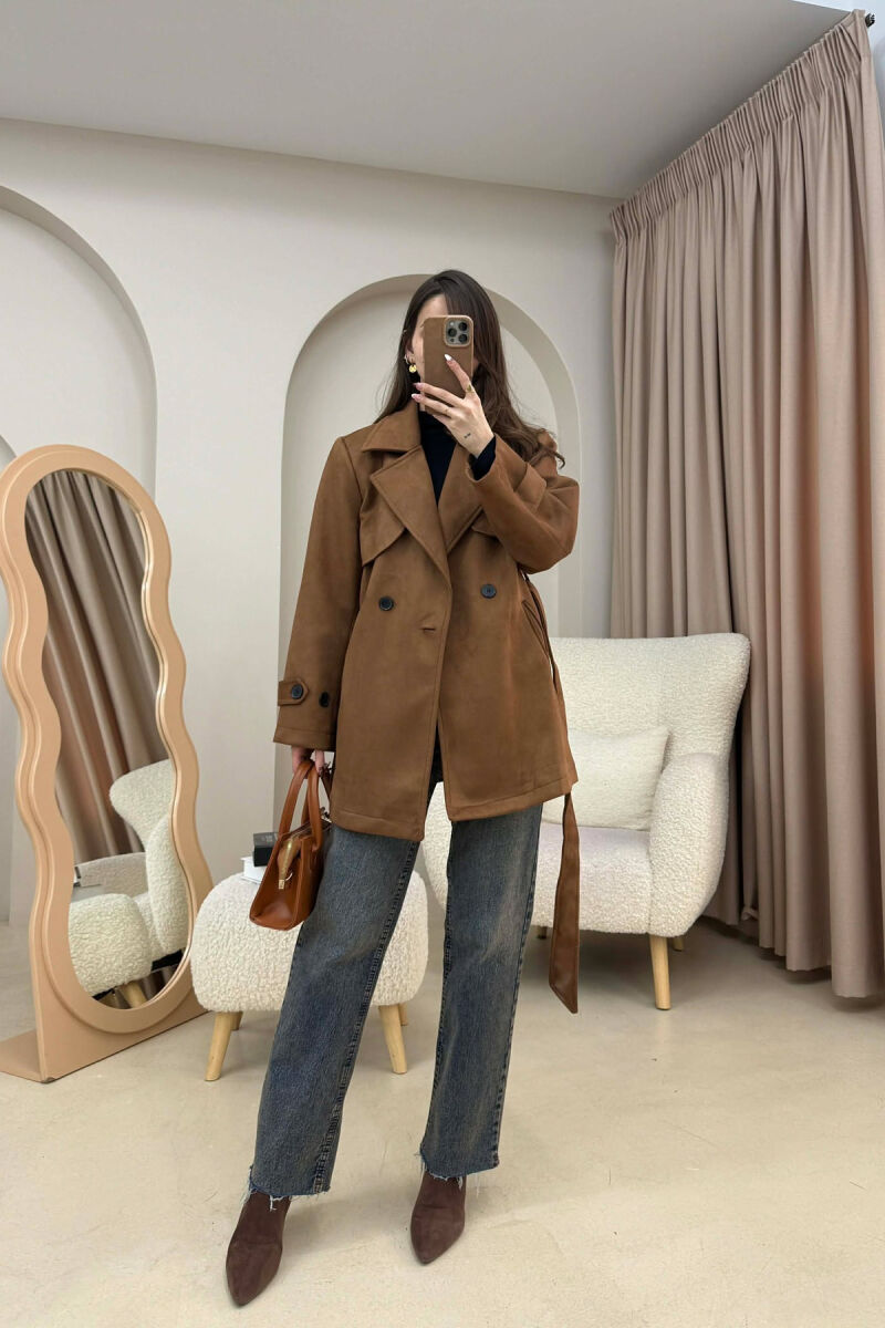 ONE COLOR SUEDE WOMAN TRENCH COAT DARK BROWN/KAE - 3