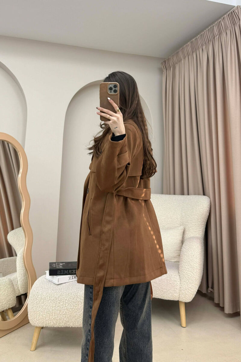 ONE COLOR SUEDE WOMAN TRENCH COAT DARK BROWN/KAE - 4