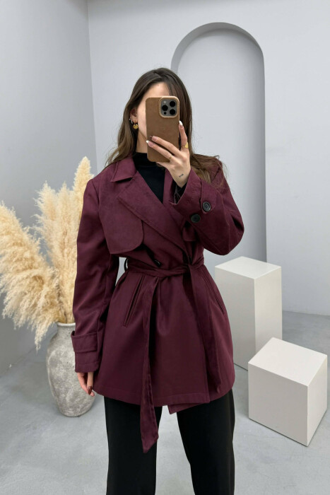 ONE COLOR SUEDE WOMAN TRENCH COAT DARK BURGUNDY/VISHNJE E ERRET - KLAUDIO FASHION