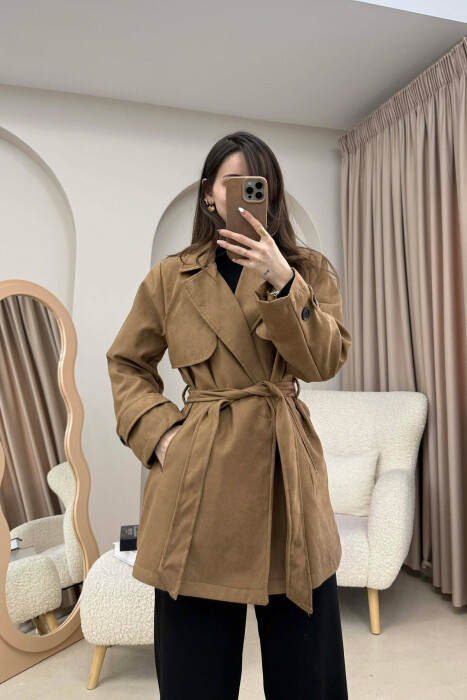 ONE COLOR SUEDE WOMAN TRENCH COAT LIGHT BROWN/KAZB - 3