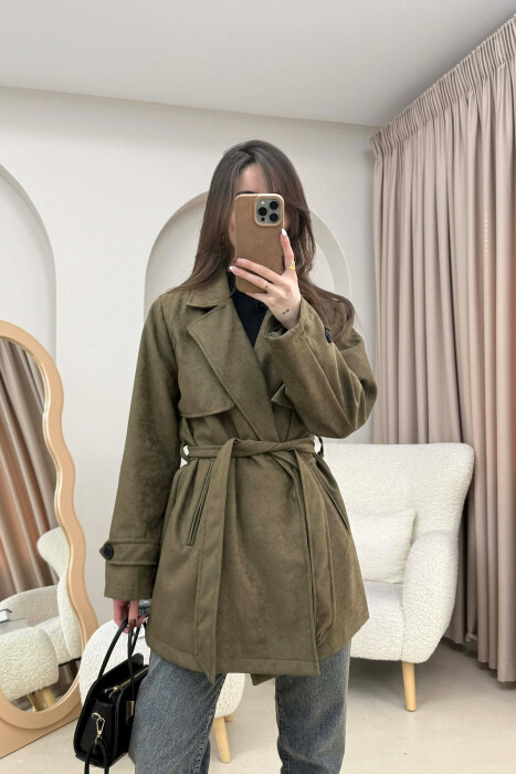 ONE COLOR SUEDE WOMAN TRENCH COAT OLIVE/ULLI - 1