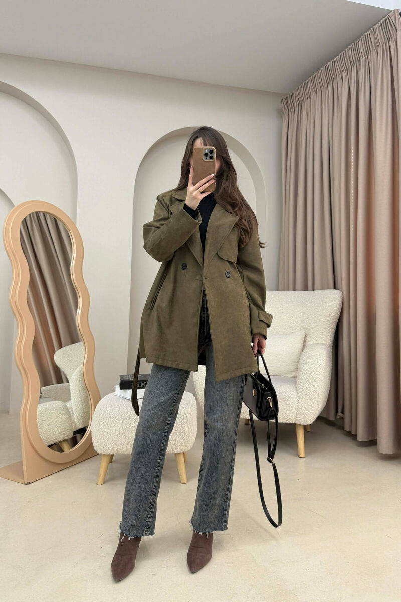 ONE COLOR SUEDE WOMAN TRENCH COAT OLIVE/ULLI - 2