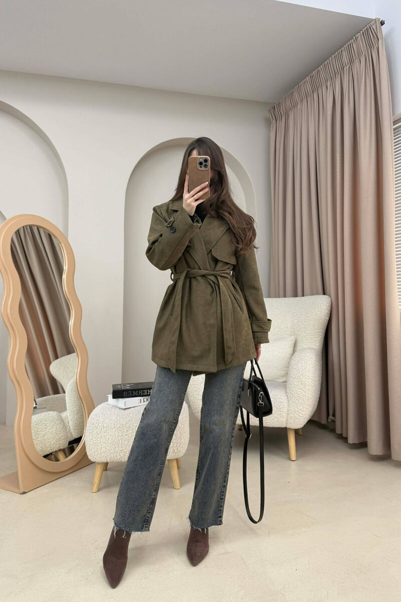 ONE COLOR SUEDE WOMAN TRENCH COAT OLIVE/ULLI - 3