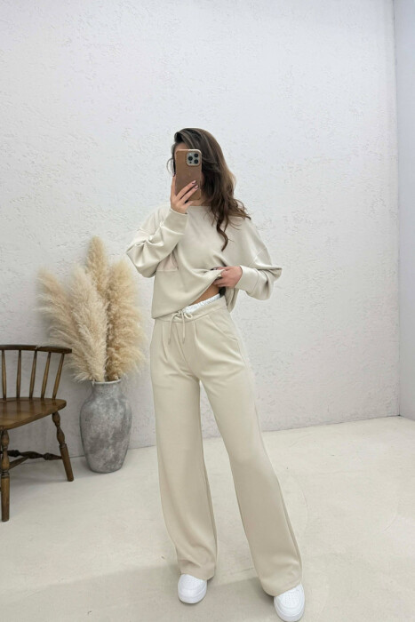 ONE COLOR SWEATSHIRT + SWEATPANTS WOMAN SET CREAM/KREM - 