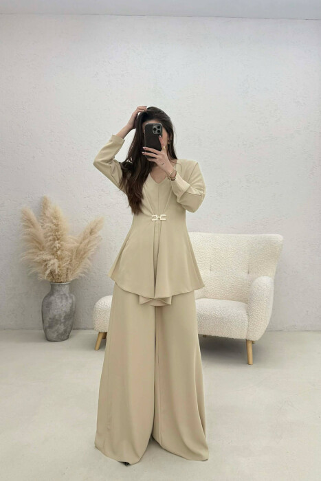 ONE COLOR SHIRT + WIDE LEG TROUSERS WOMAN SET BEIGE/BEZHE - KLAUDIO FASHION