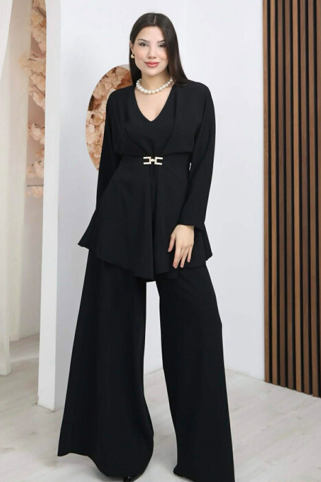 ONE COLOR SHIRT + WIDE LEG TROUSERS WOMAN SET BLACK/ E ZEZE - KLAUDIO FASHION