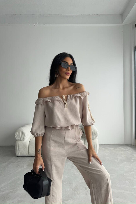 ONE COLOR SWEATSHIRT+TROUSERS WOMEN SET CREAM/KREM - 2