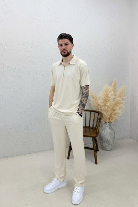 ONE COLOR T-SHIRT + TROUSERS MEN SWEATSUIT SET BEIGE/BEZHE - 