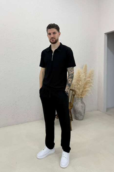 ONE COLOR T-SHIRT + TROUSERS MEN SWEATSUIT SET BLACK/ E ZEZE - 