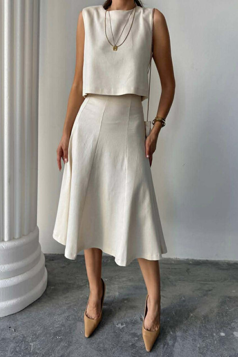 ONE COLOR TANK TOP + SKIRT WOMEN SET CREAM/KREM - 3