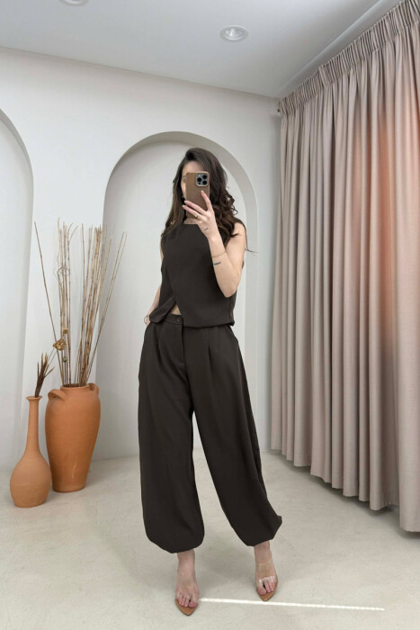 ONE COLOR TANK TOP + TROUSERS WOMAN SET BROWN/KAFE - 