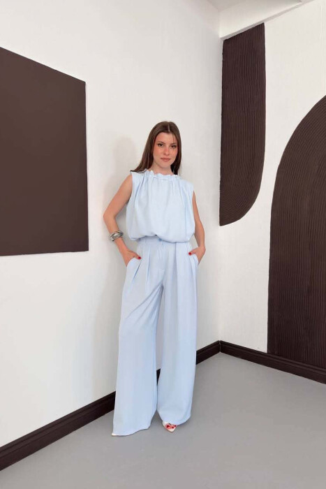 ONE COLOR TANK TOP + WIDE LEG TROUSERS WOMAN SET LIGHTBLUE/BZ - KLAUDIO FASHION