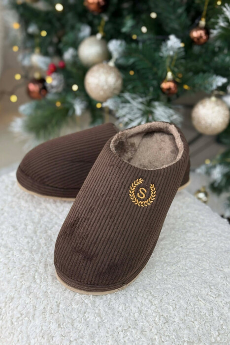 ONE COLOR TEDDY LINED MAN SLIPPERS BROWN/KAFE - 2