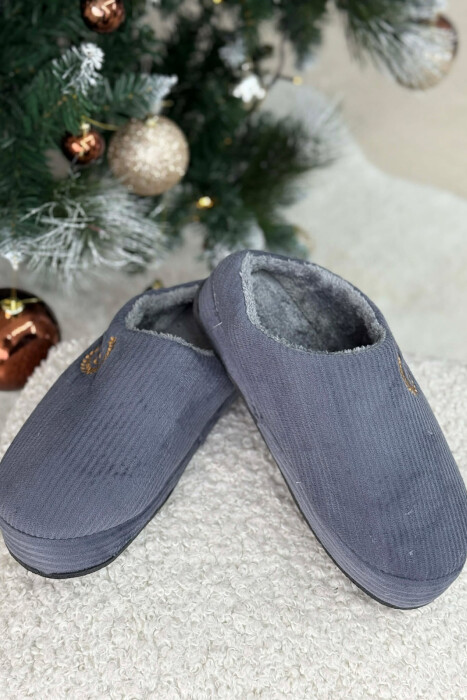 ONE COLOR TEDDY LINED MAN SLIPPERS GREY/GRI - 5