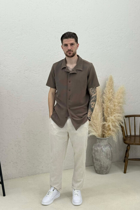 ONE COLOR TEXTURED MEN SHIRT LIGHT BROWN/KAZB - 2